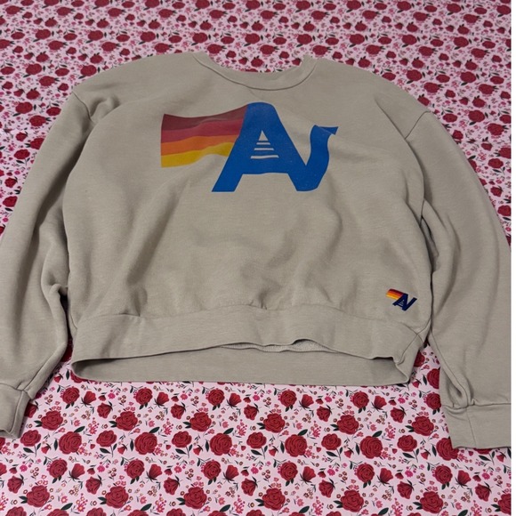 Aviator Nation Tops - Aviator Nation Beige Sweatshirt with Blue Logo and Rainbow Accent